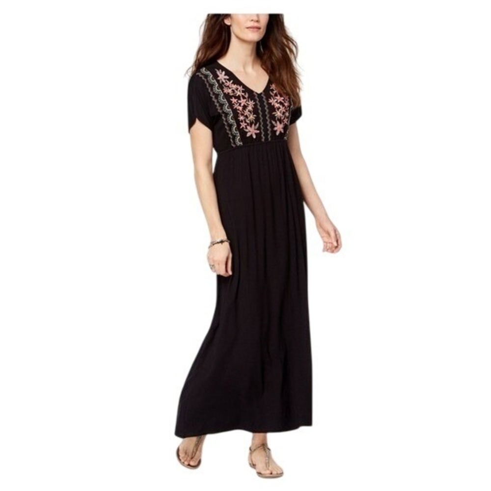 Style & Co Colorful Embroidered Stretch Maxi‎ Dress Boho Flowy Resort Casual